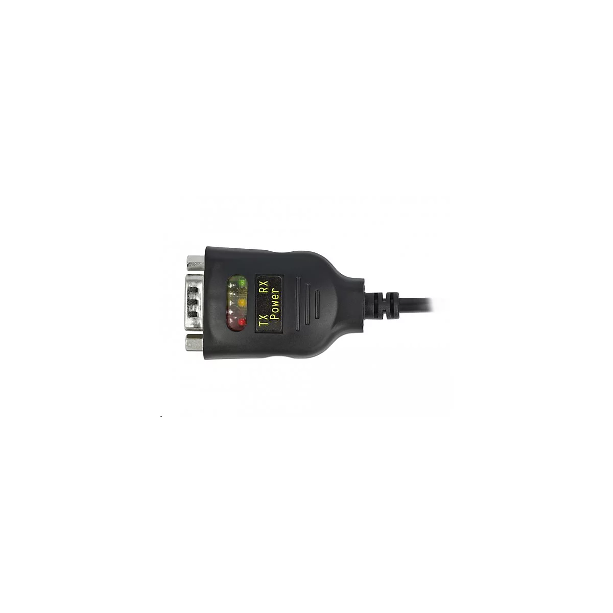Schwarzer RS232-Adapter mit LED-Anzeigen für TX, RX und Power, isoliert auf weißem Hintergrund.