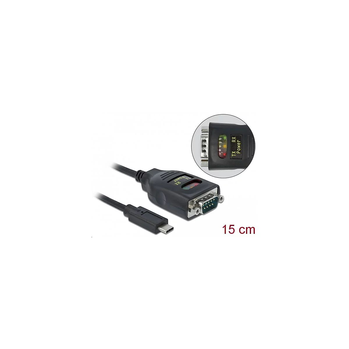 USB-C zu RS232 Adapterkabel mit Status-LEDs und 15 cm Länge.