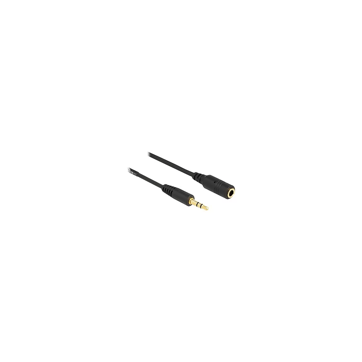 Schwarzes 3,5-mm-Klinken-Verlängerungskabel mit goldfarbenem Stecker und Buchse.