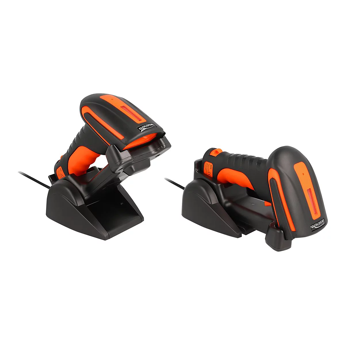 Zwei schwarz-orange Barcodescanner auf einer Basis, die mit einem Kabel verbunden sind.