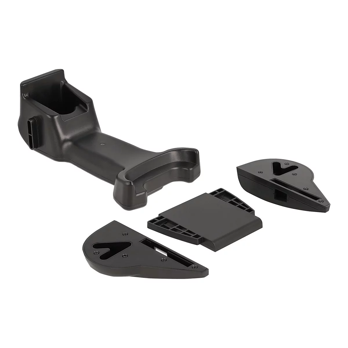 Schwarze Kunststoffhalterung für ein Gerät, mit mehreren Einzelteilen und Schrauben auf weißem Hintergrund.