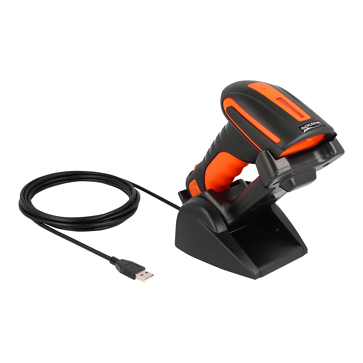 Schwarz-oranger Barcodescanner in Halterung, mit USB-Kabel.