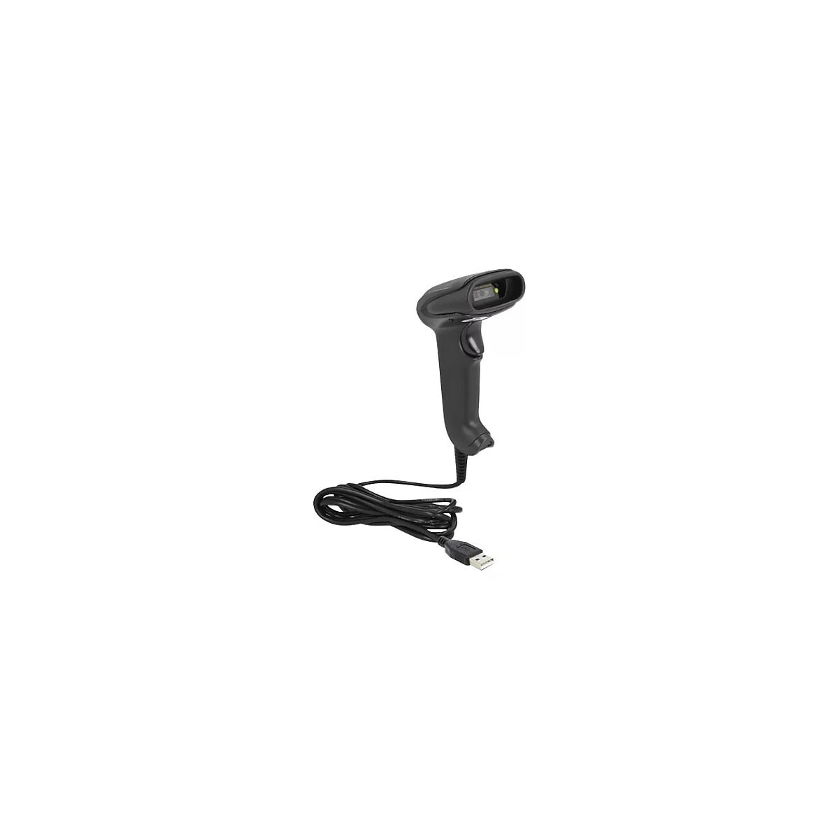 Schwarzes Barcode-Lesegerät mit USB-Kabel auf weißem Hintergrund.
