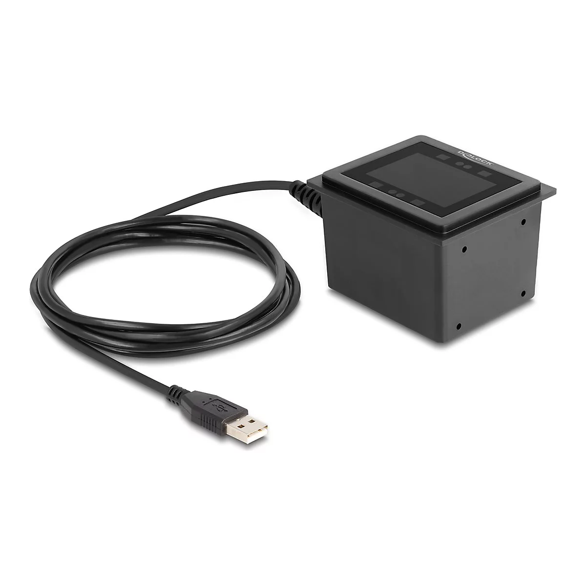 Ein schwarzes Barcode-Lesegerät mit angeschlossenem USB-Kabel. Auf der Oberseite befindet sich ein Bildschirm und daneben der Schriftzug 'Datalogic'.