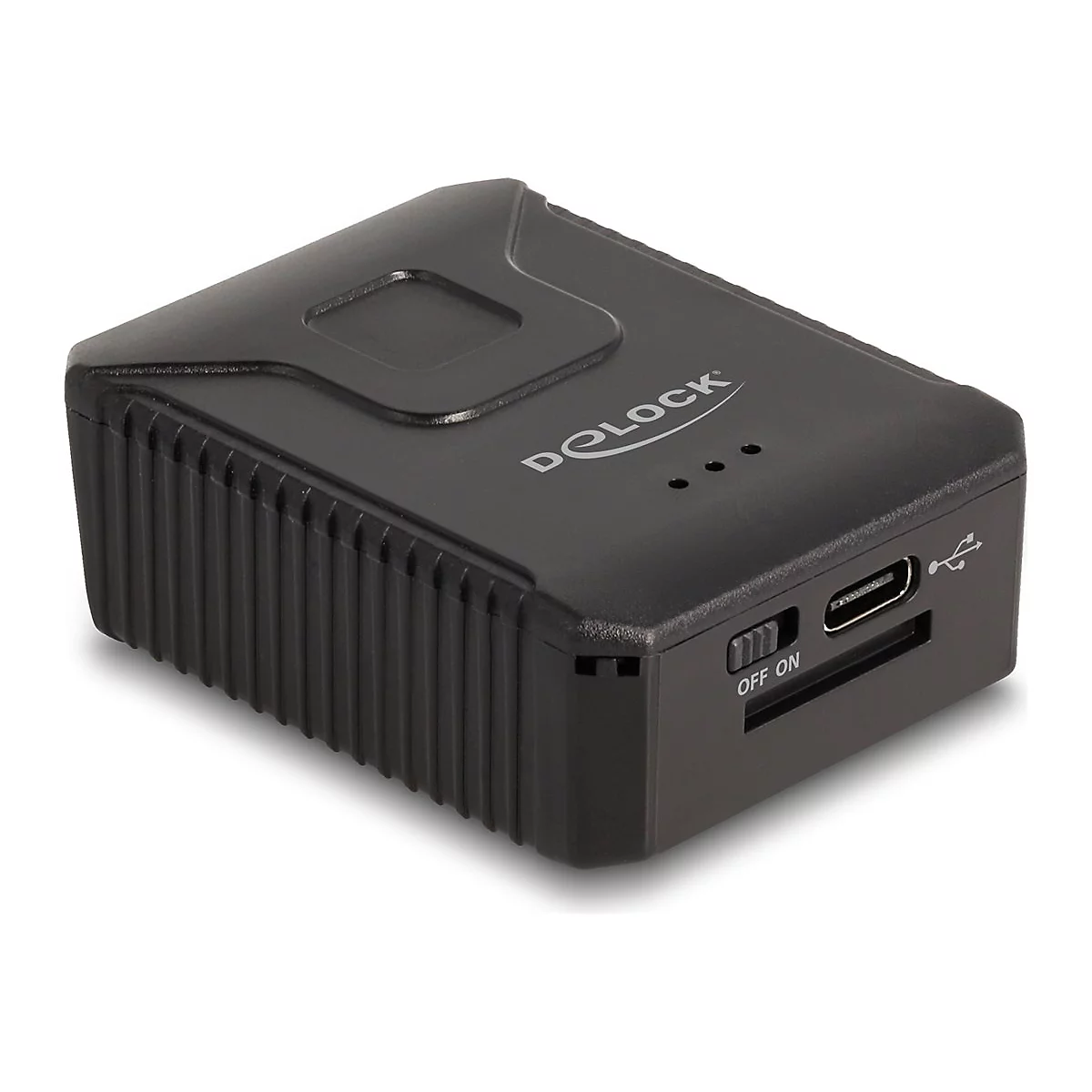 Schwarzer, rechteckiger DeLock-Adapter. Auf der Oberseite steht das Logo, daneben drei kleine Punkte. Seitlich befinden sich Anschlüsse und ein On/Off-Schalter.