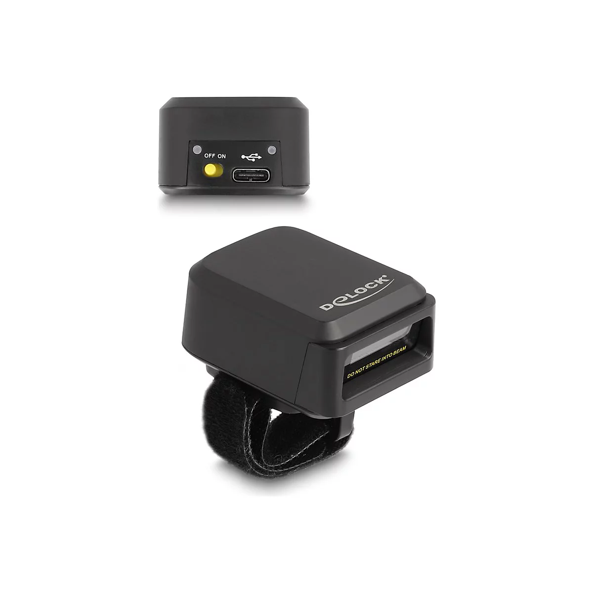 Schwarzer Barcode-Scanner mit Handgelenkschlaufe. Aufschrift: "Do not stare into beam".