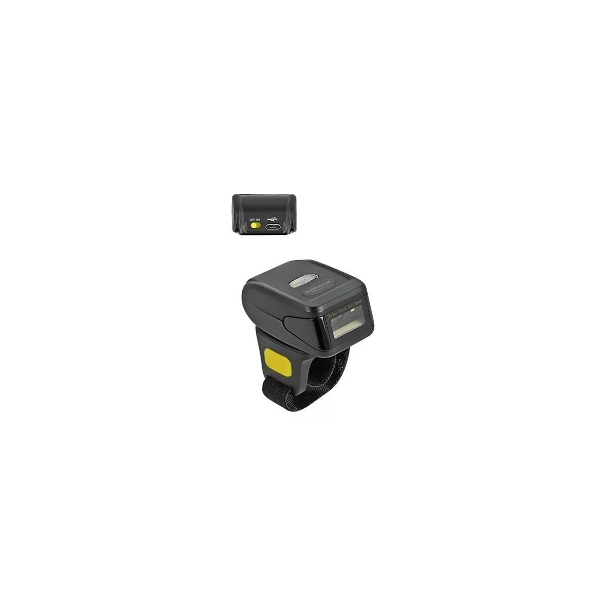 Schwarzer Barcode-Scanner mit gelben Akzenten, am Handgelenk befestigt. Zusätzlich ein abgebildetes Ladegerät. Aufschrift: "D-LOCK".