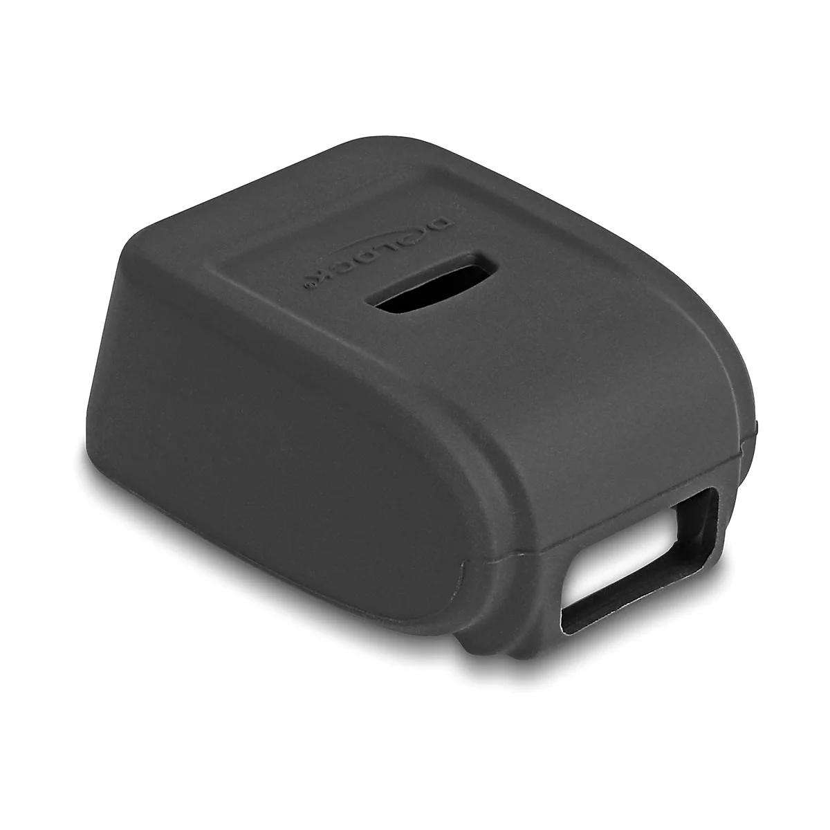 Schwarze, eckige Hülle mit Loch und Logo. Auf weißem Hintergrund. Mit abgerundeten Kanten.