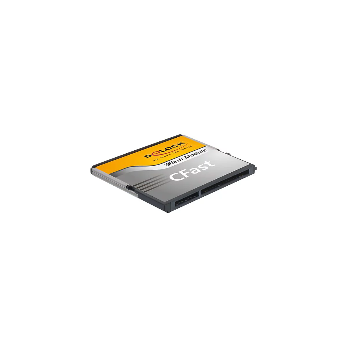 Delock CFast Flash-Speichermodul mit gelbem Logo auf silbernem Gehäuse.