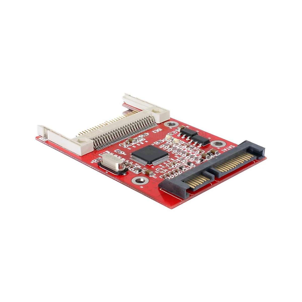 Rote IDE zu SATA Adapter-Platine mit Steckverbindungen auf weißem Hintergrund.