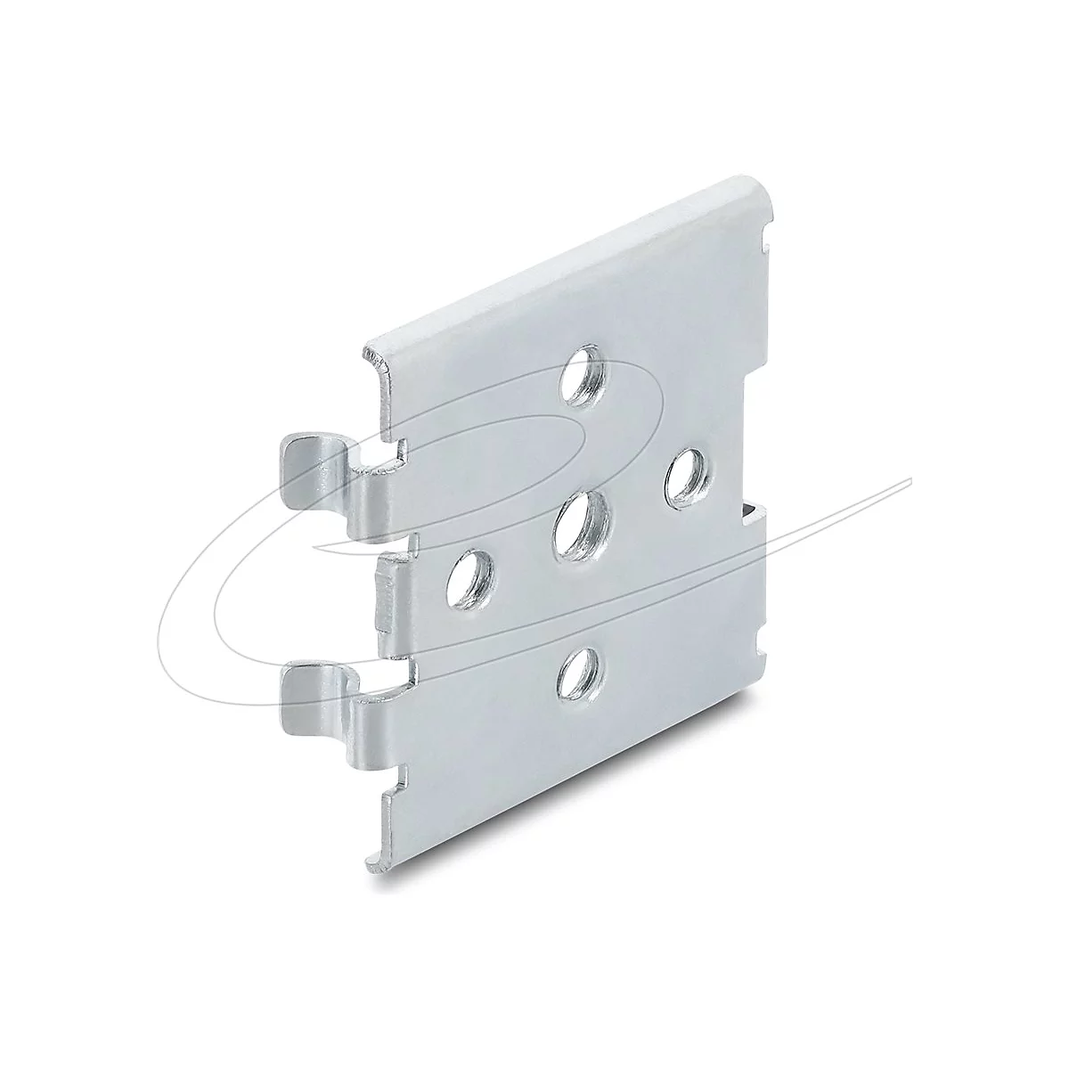 Rechteckiger Montageclip aus Metall mit fünf runden Bohrungen und zwei seitlichen Haken.