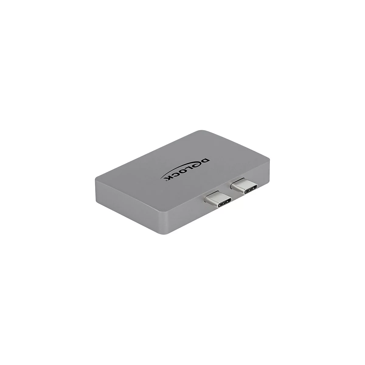 Silberner Delock USB-C Adapter mit zwei Anschlüssen auf weißem Hintergrund.