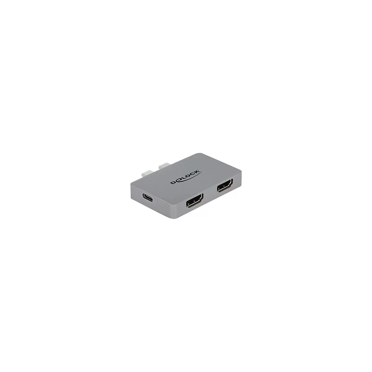 Grauer USB-C auf Dual HDMI Adapter von Delock mit zwei HDMI-Anschlüssen und einem USB-C-Anschluss.