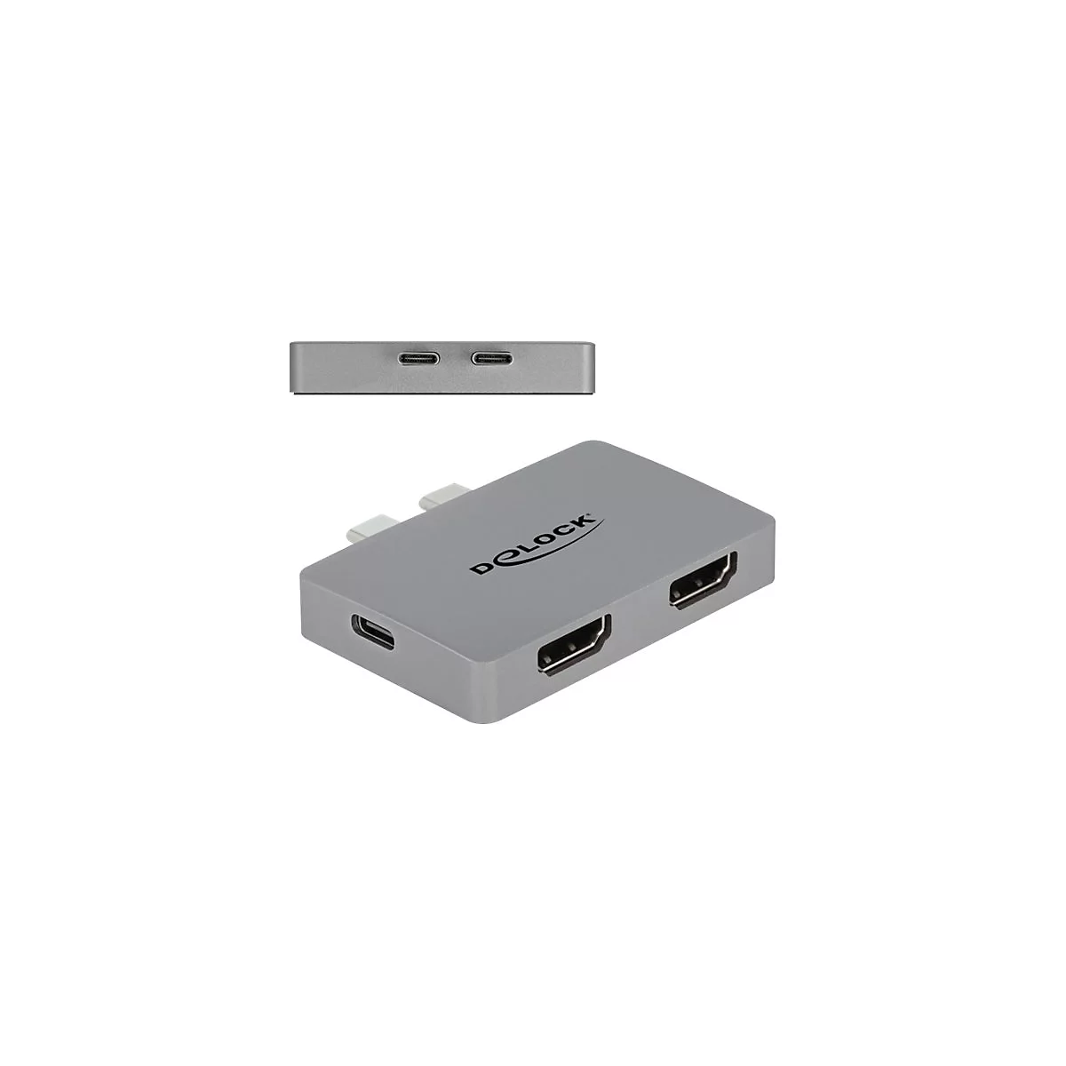 Grauer Delock USB-C Hub mit zwei HDMI-Anschlüssen und einem USB-C-Port, zwei USB-C-Stecker an der Seite.
