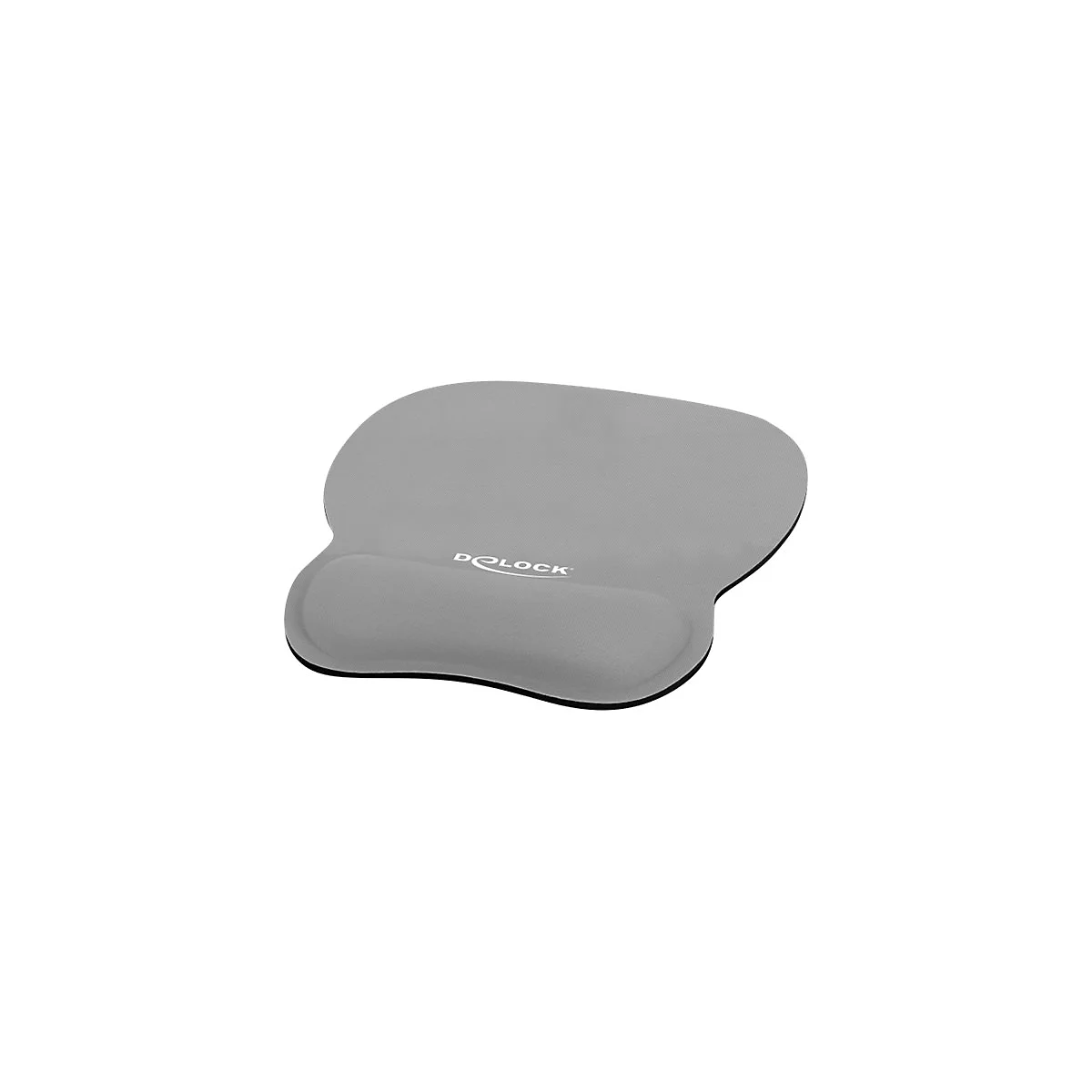 Graues ergonomisches Mauspad mit Handgelenkauflage und aufgedrucktem weißen Delock-Logo.
