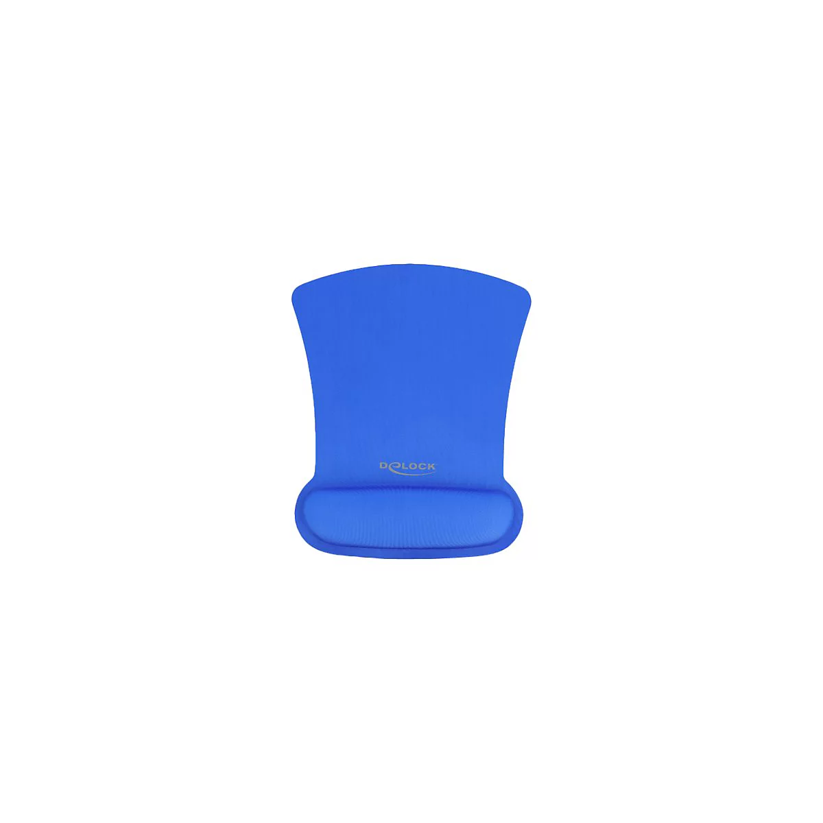 Blaues ergonomisches Mauspad mit Handgelenkauflage und Delock-Logo vor weißem Hintergrund.