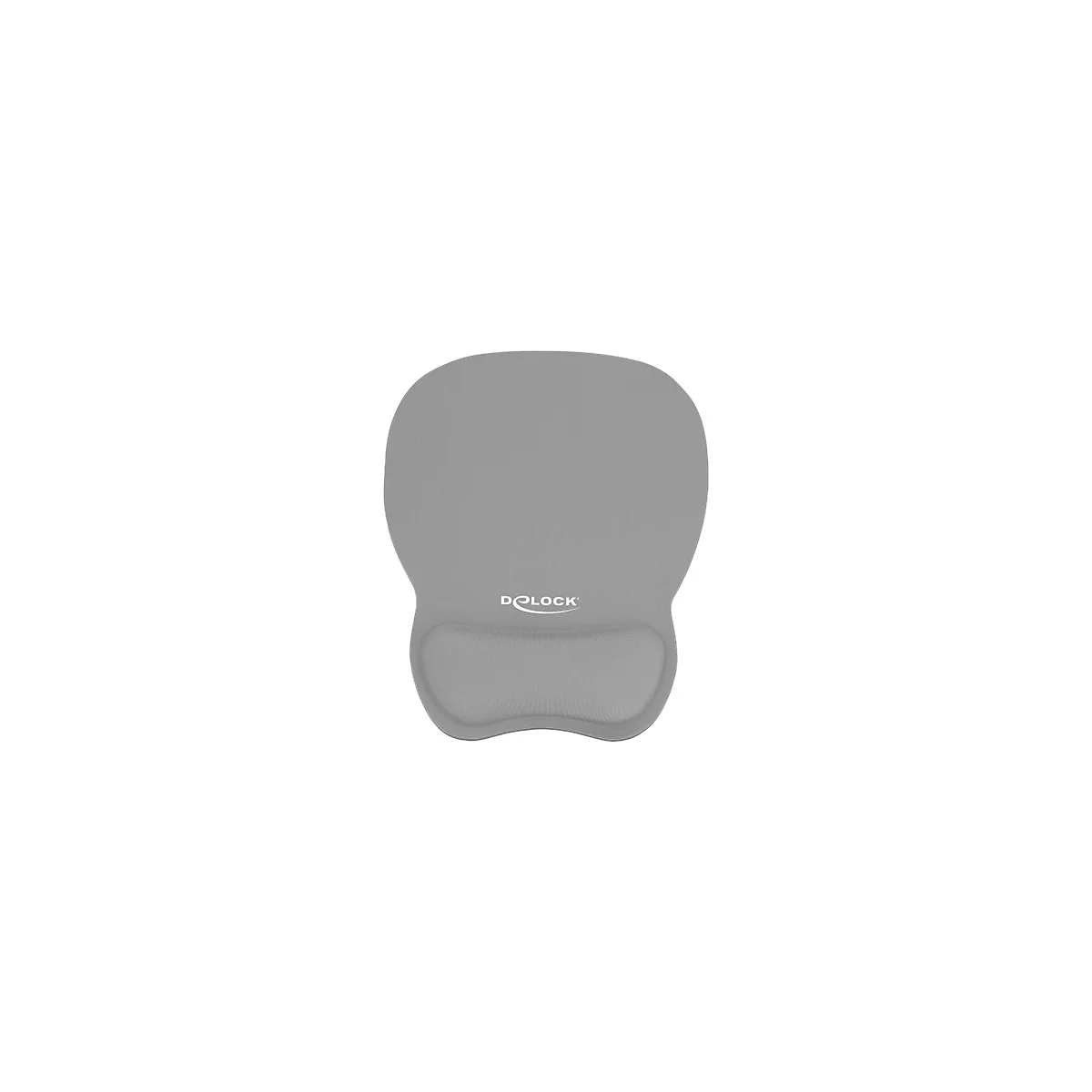 Graues Mauspad mit integrierter, ergonomischer Handgelenkauflage und Delock-Logo vor weißem Hintergrund.