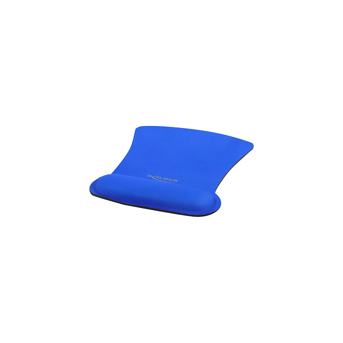 Blaues Mauspad mit integrierter Handballenauflage und Delock Logo.