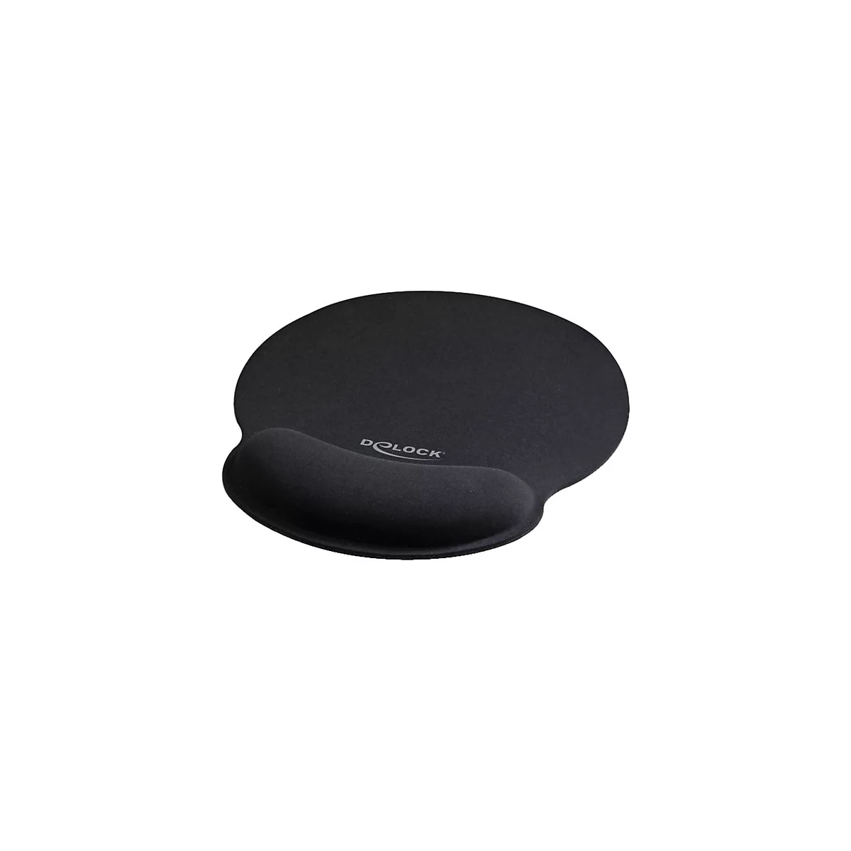 Schwarzes Mauspad mit ergonomischer Handgelenkauflage und grauem Delock-Logo auf weißem Hintergrund.
