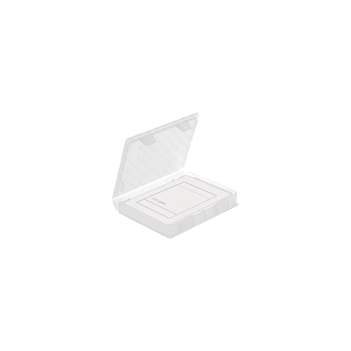 Offene, transparente Kunststoffschutzbox mit einer eingelegten 2,5-Zoll-SATA-Festplatte.
