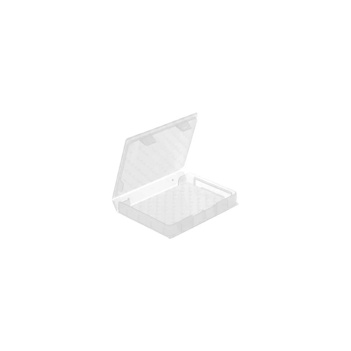 Halboffene, rechteckige Aufbewahrungsbox aus transparentem Kunststoff mit pyramidenförmiger Bodenstruktur.