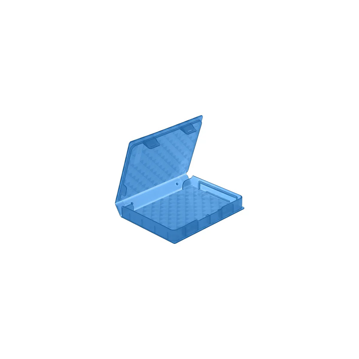 Halboffene, transparente, blaue Kunststoffbox mit Rautenmuster auf dem Boden.