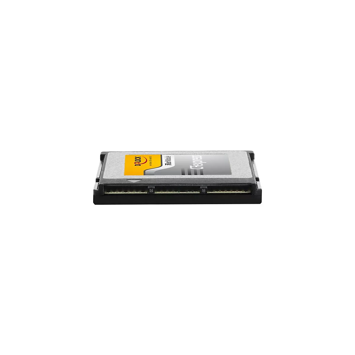 Flache CFexpress Speicherkarte von Delock mit gelbem Logo auf grauem Hintergrund, Seitenansicht der Anschlüsse.