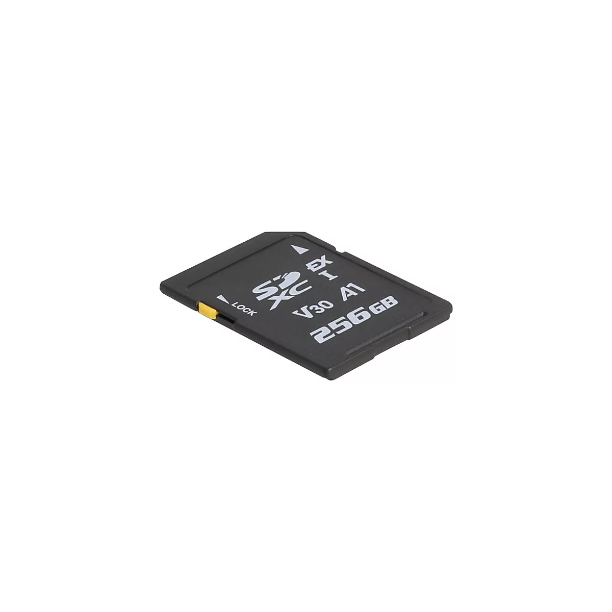 Schwarze 256GB SDXC-Speicherkarte mit gelbem Schreibschutzschalter vor weißem Hintergrund.