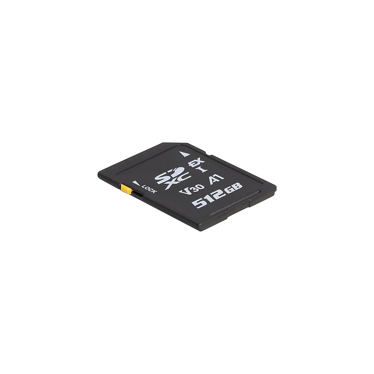 Eine schwarze 512GB SDXC Speicherkarte mit gelbem Schreibschutzschalter vor weißem Hintergrund.