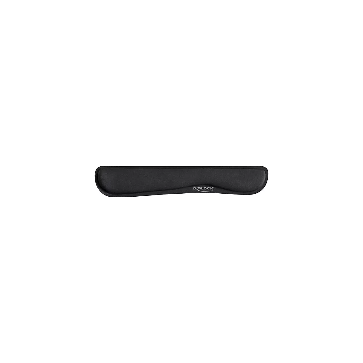 Schwarze, ergonomische Tastatur-Handballenauflage mit Delock-Logo auf weißem Hintergrund.