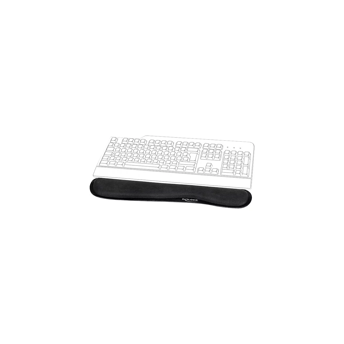 Schwarze Tastatur-Handgelenkauflage von Delock vor einer schematischen Darstellung einer Tastatur.