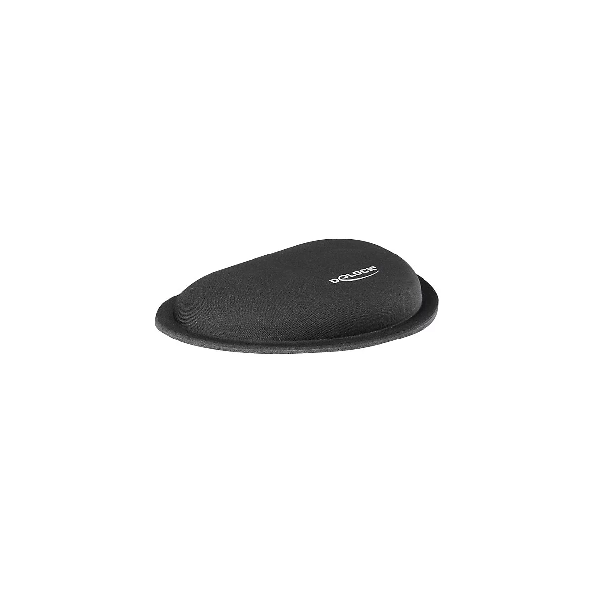Schwarze, ergonomische Handgelenkauflage für die Maus vor weißem Hintergrund.
