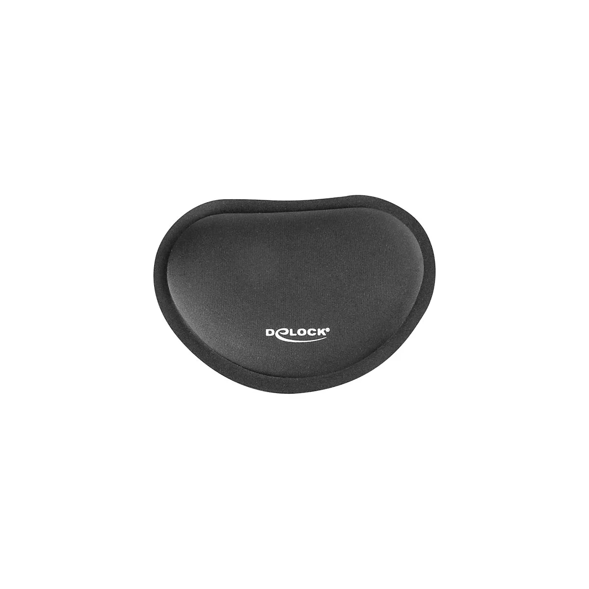 Schwarze, ergonomisch geformte Gel-Handballenauflage mit weißem Delock-Logo auf weißem Hintergrund.