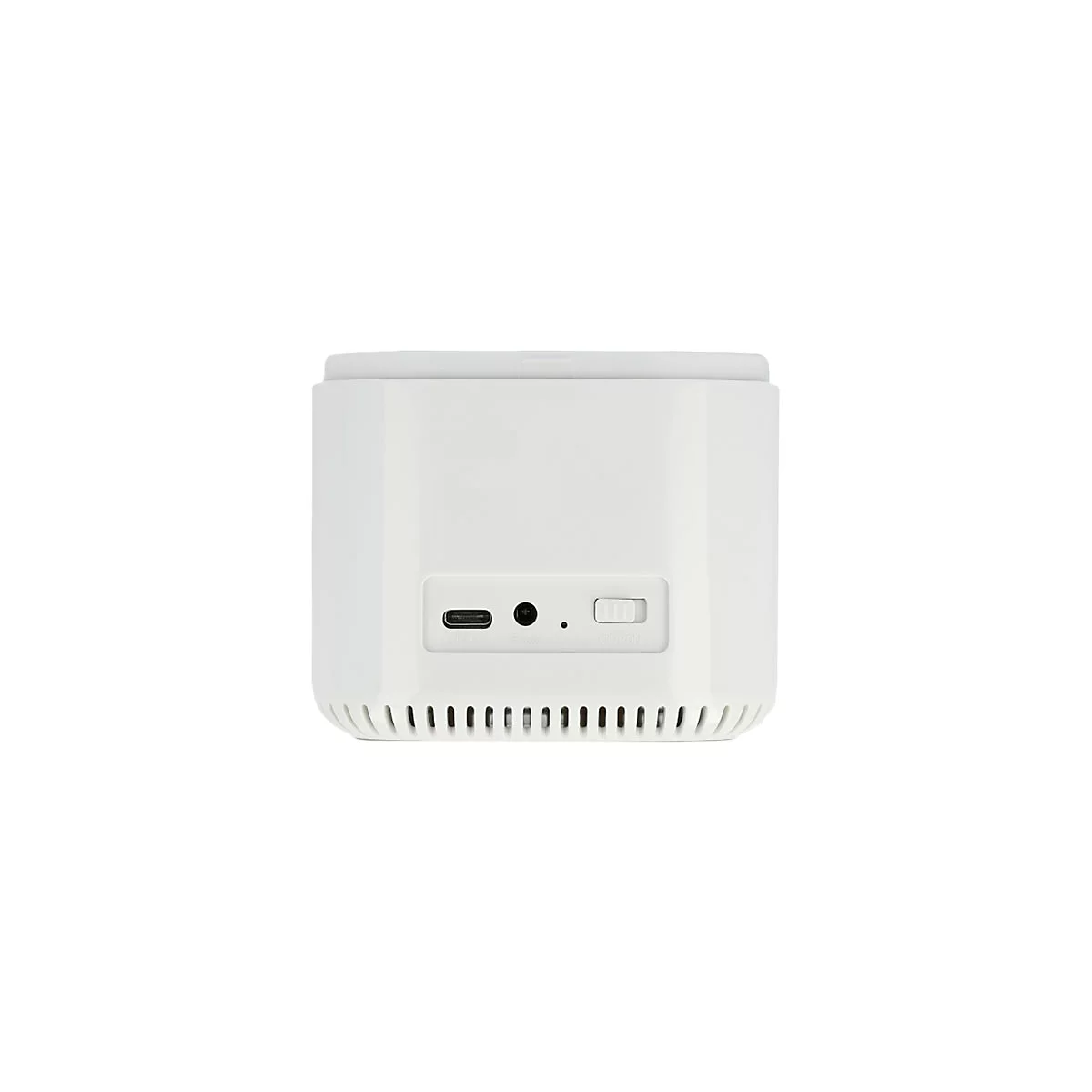 Rückseite eines weißen, quaderförmigen Geräts mit USB-C-Anschluss, Netzbuchse und Ein-Aus-Schalter.