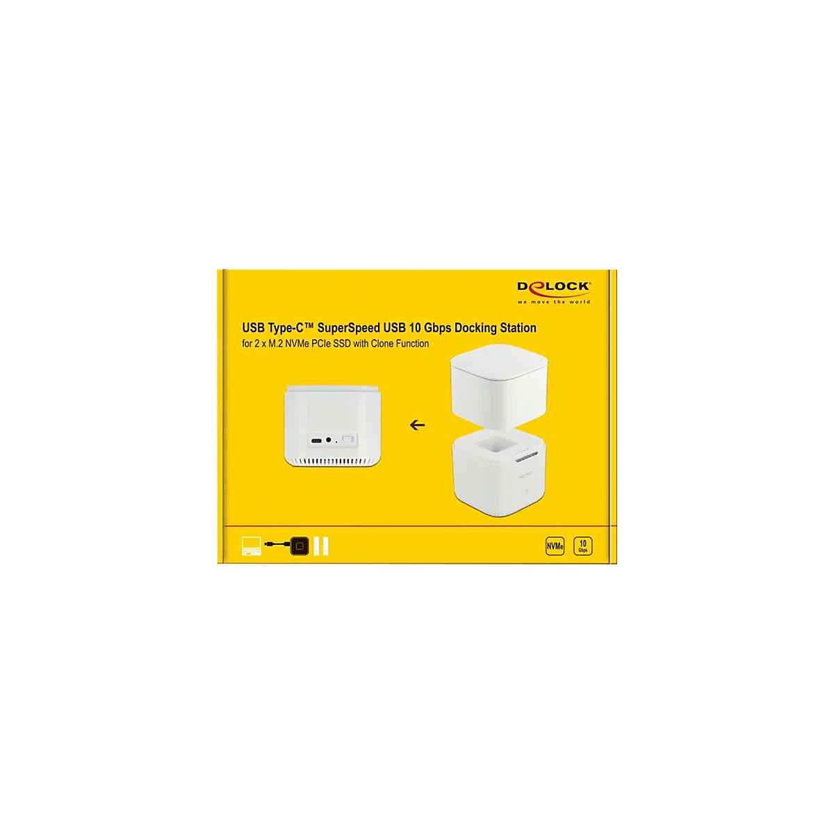 Weiße Dockingstation für SSDs auf gelbem Hintergrund. Text: USB Type-C, SuperSpeed USB 10 Gbps. Zwei Einzelteile bilden die Dockingstation.