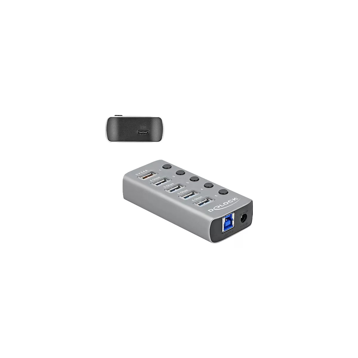 Grauer Delock USB-Hub mit fünf Anschlüssen, Schaltern und seitlichem USB-B-Anschluss.