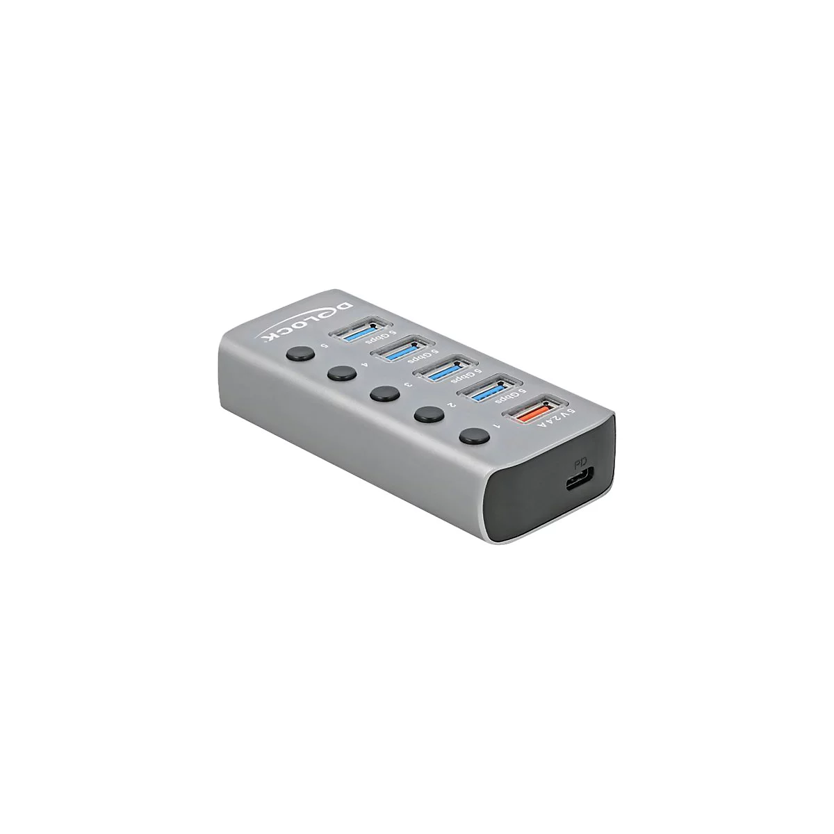 Silberner Delock USB-Hub mit fünf Anschlüssen, einzelnen Tasten und USB-C PD-Port vor weißem Hintergrund.