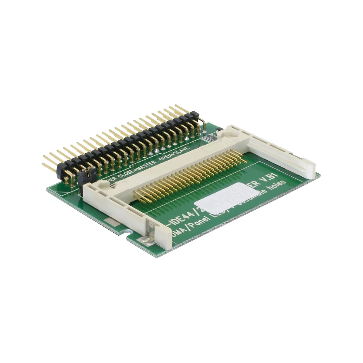 Grüner IDE-zu-SATA-Adapter auf weißem Hintergrund mit 44-Pin-Anschluss und weißen Steckverbindern.