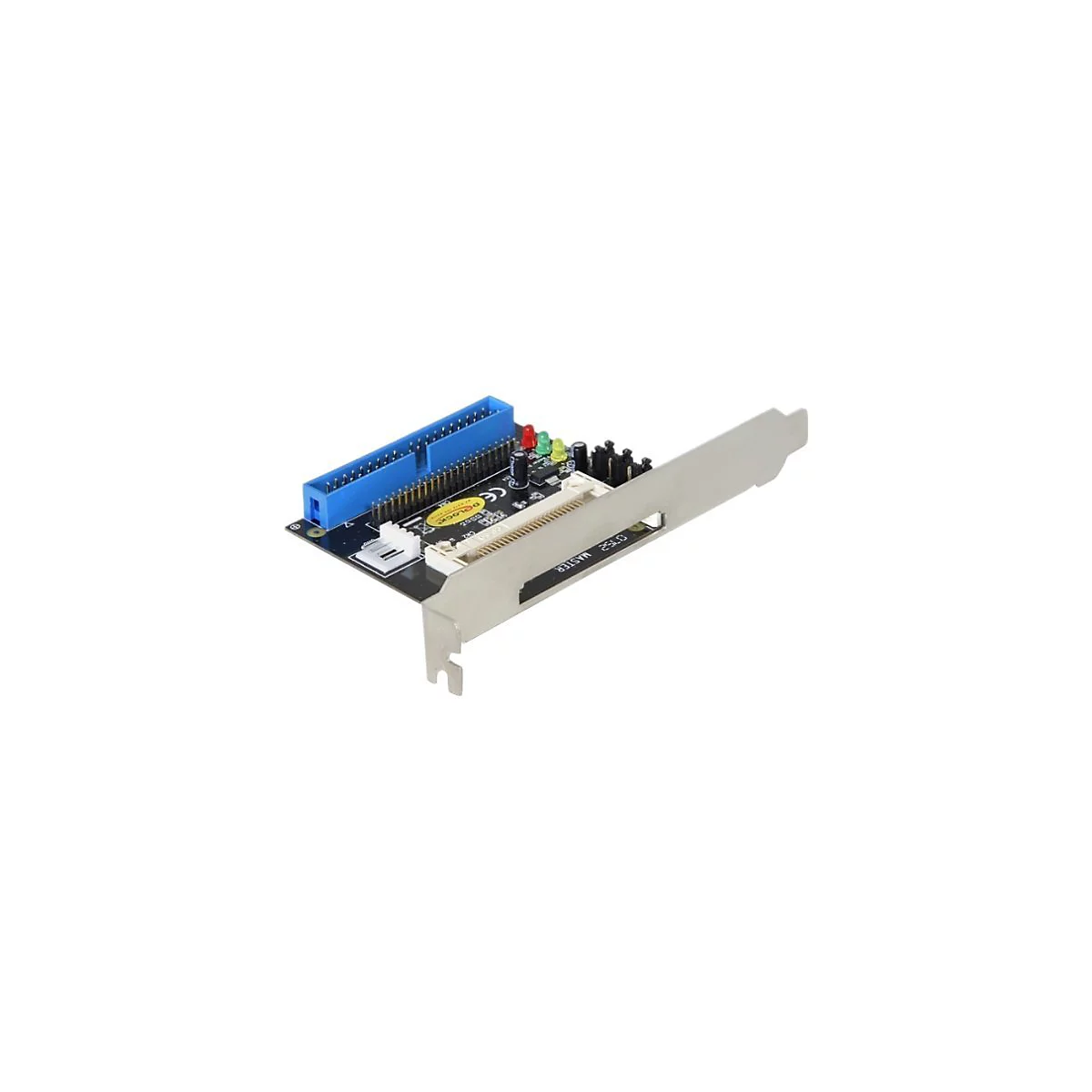 PCI-Steckkarte mit blauem IDE-Anschluss und Metallblende vor weißem Hintergrund.