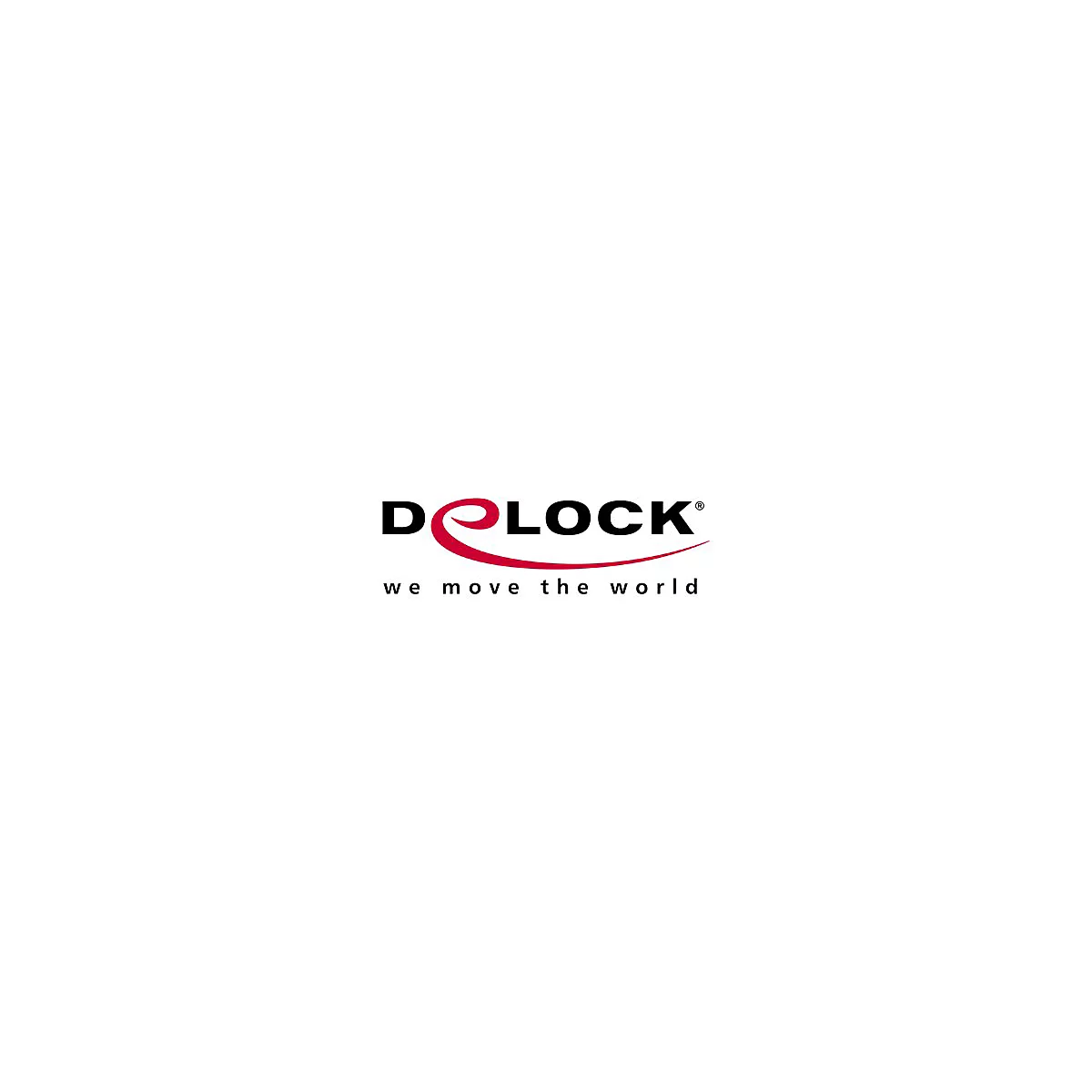 Firmenlogo von Delock mit rotem geschwungenem Element und dem Slogan we move the world.