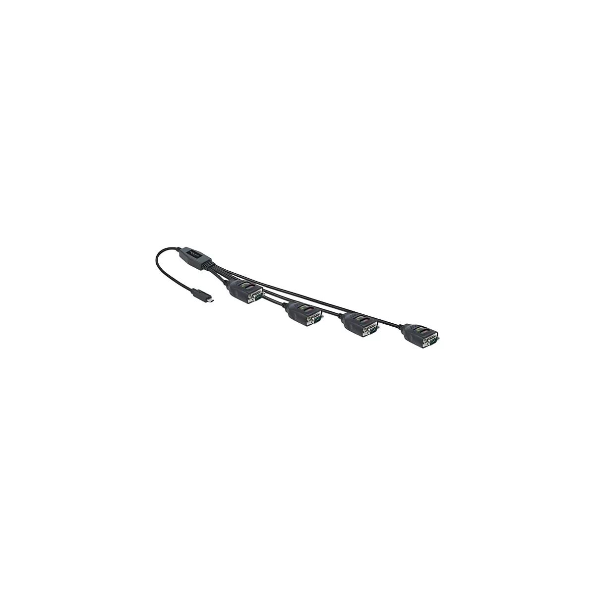 USB-C auf vierfacher serieller RS-232-Adapter mit schwarzen Kabeln und Anschlüssen vor weißem Hintergrund.