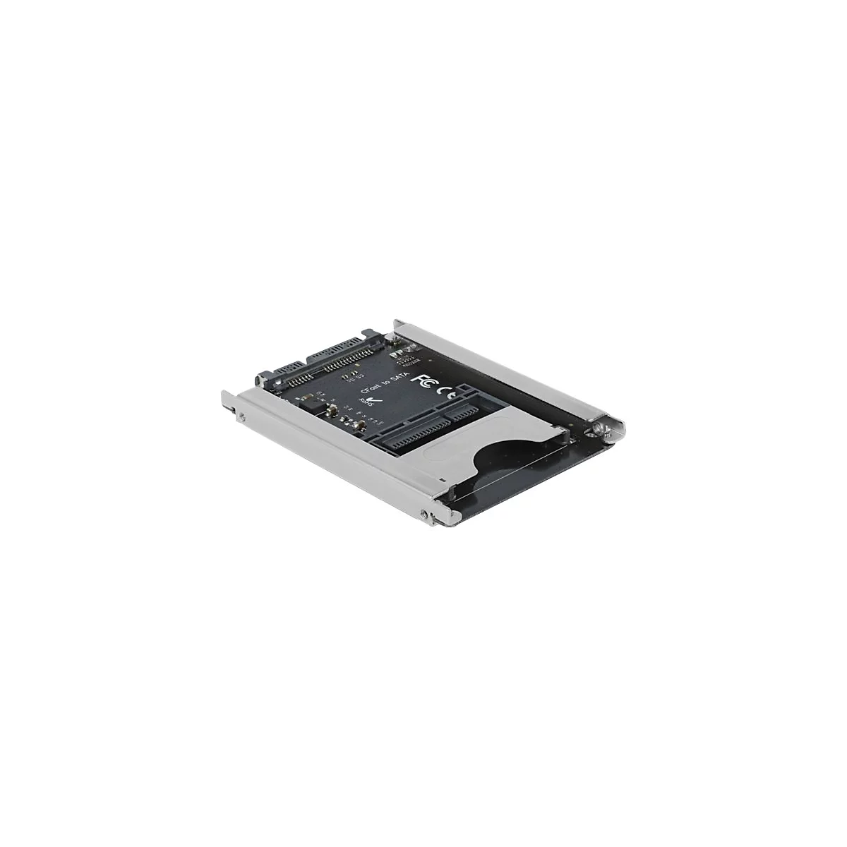 CFast-zu-SATA-Adapter-Platine mit silbernem Metallrahmen vor weißem Hintergrund.