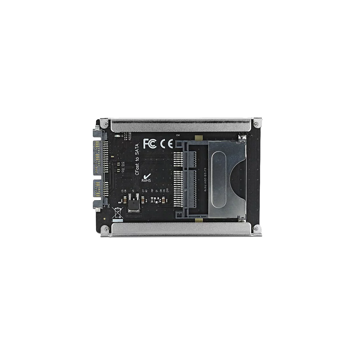 CFast-zu-SATA-Adapter-Platine in schwarzem Gehäuse vor weißem Hintergrund.