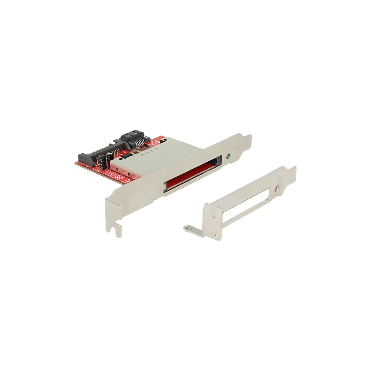 PC-Erweiterungskarte mit rotem Board, SATA-Anschluss und Metallblende vor weißem Hintergrund.