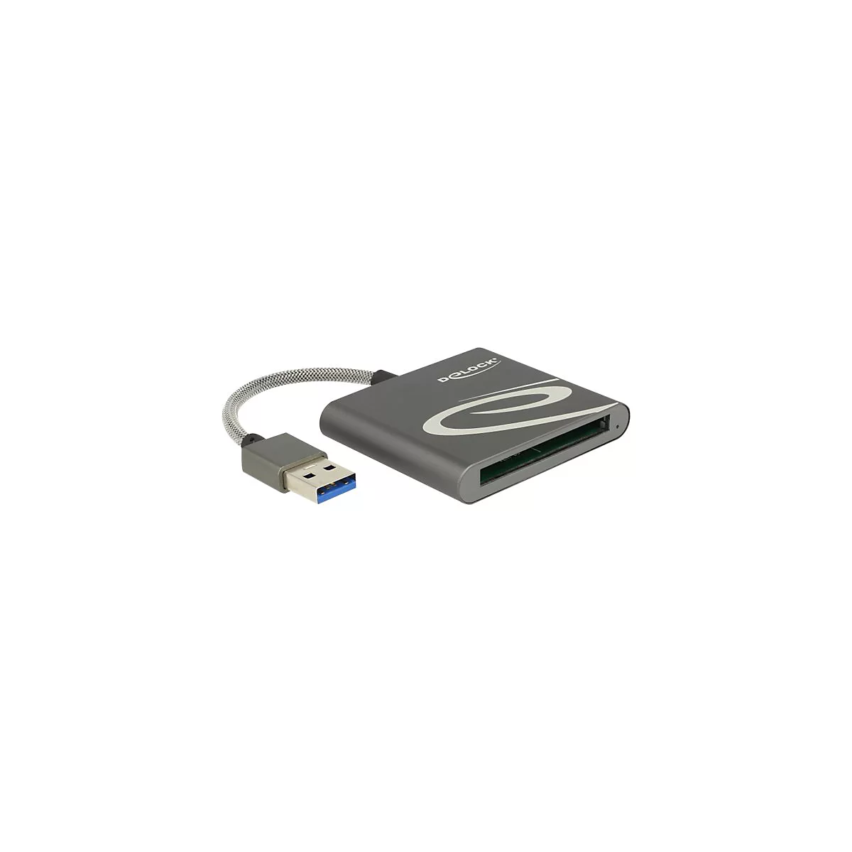 Grauer Delock Kartenleser mit USB 3.0 Anschluss und kurzem, geflochtenem Verbindungskabel.
