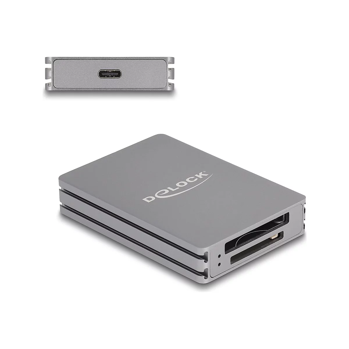 Graues Delock-Kartenlesegerät aus Metall mit USB-C-Anschluss vor weißem Hintergrund.
