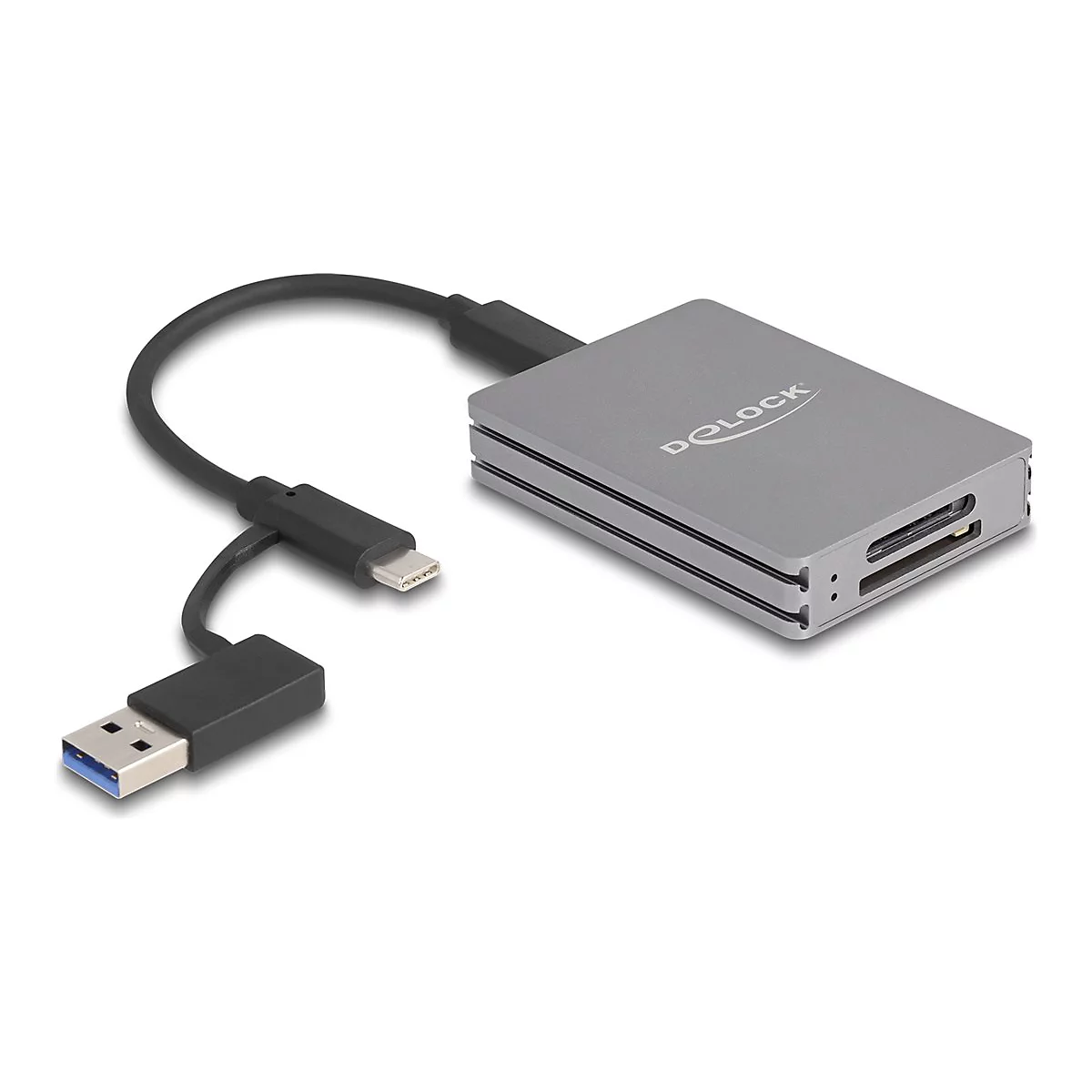 Grauer Delock Kartenleser mit USB-C und USB-A Anschlüssen vor weißem Hintergrund.