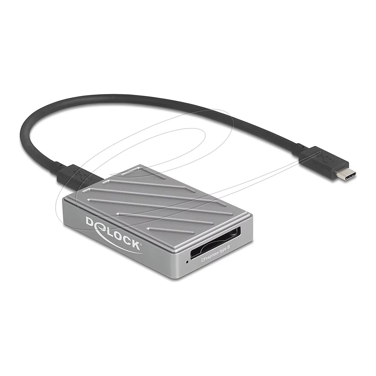Grauer Delock CFexpress Typ B Kartenleser mit USB-C Kabel vor weißem Hintergrund.