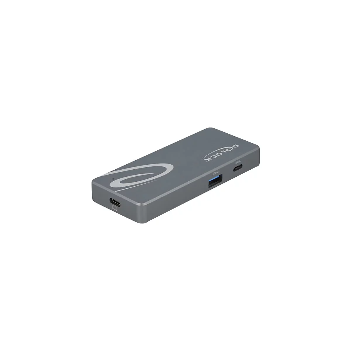 Grauer USB-C-Hub von Delock mit USB-A und USB-C Anschlüssen vor weißem Hintergrund.