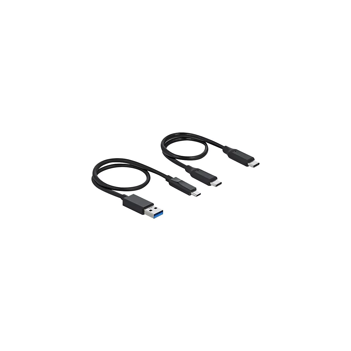 Zwei schwarze USB-Kabel mit verschiedenen Anschlüssen, vor weißem Hintergrund.